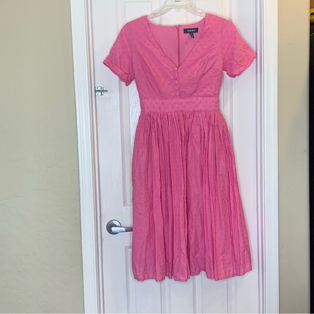 ModCloth Fabulous Fit and Flare Textured Fabric Shirt Pink Midi Dress Size 2 - Picture 12 of 13